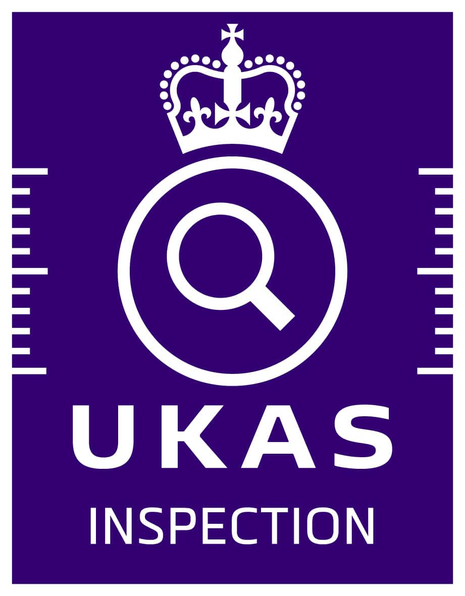 UKAS Inspection logo with a magnifying glass inside a circle, a crown above, and the words UKAS INSPECTION below, all in white on a purple background.