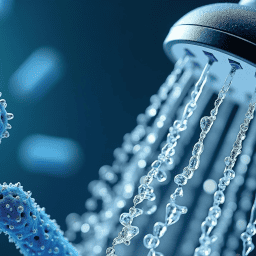 Close-up illustration of water flowing from a showerhead with large, blue bacteria-like microbes in the foreground, highlighting the concept of germs or bacteria in shower water.
