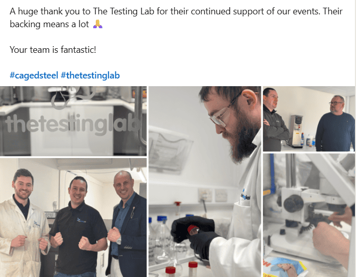 A LinkedIn post by Caged Steel features The Testing Lab PLC, showing several images of people in a laboratory setting, working with lab equipment, smiling, and posing together for group photos. #cagedsteel #thetestinglab.