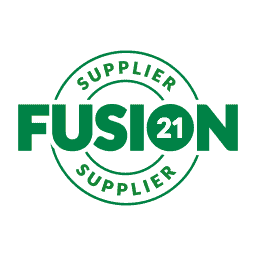 Green FUSION 21 logo with the word SUPPLIER repeated in a circular badge design around it, all on a white background. The number 21 is inside a solid green circle within the letter O.