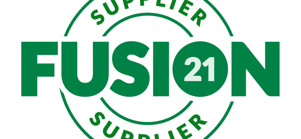 Green FUSION 21 logo with the word SUPPLIER repeated in a circular badge design around it, all on a white background. The number 21 is inside a solid green circle within the letter O.