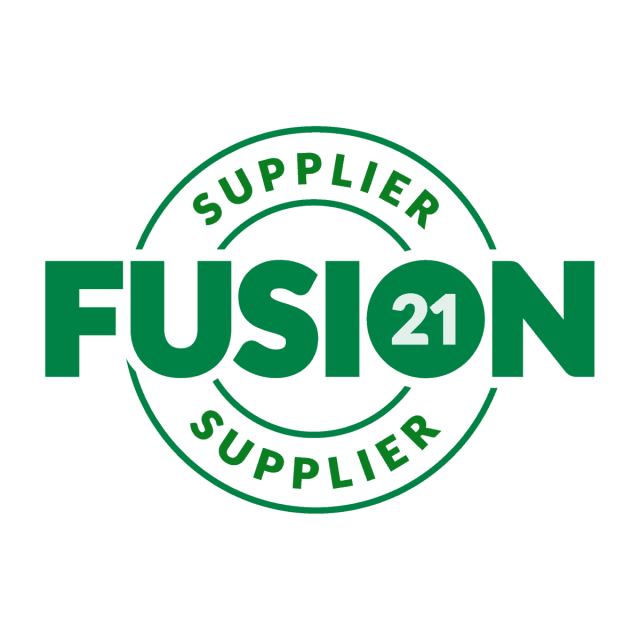 Green FUSION 21 logo with the word SUPPLIER repeated in a circular badge design around it, all on a white background. The number 21 is inside a solid green circle within the letter O.